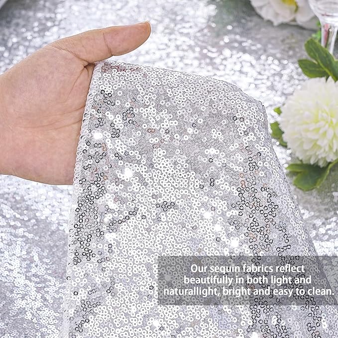QueenDream Sequin Tablecloth Silver Rectangle Table Cloth - 50x80 Inch Glitter Fabric Overlay for Birthday Wedding Party