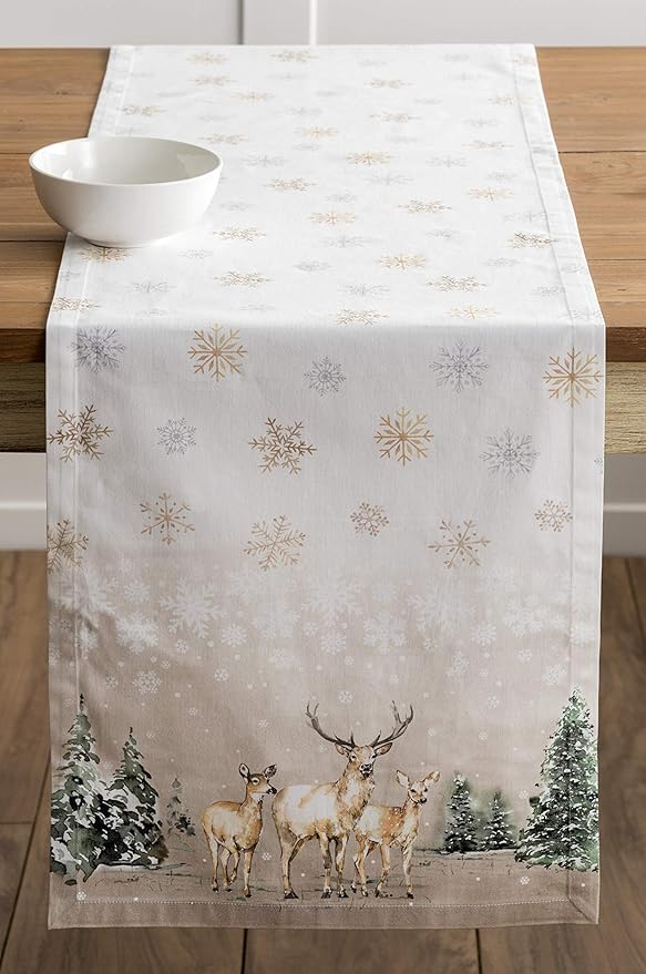 Maison d' Hermine Table Runner 100% Cotton Single Layer Table Runners 108 inches Long for Thanksgiving Christmas Decorations Home Kitchen Dining Party Wedding (Deer in The Woods, 14.5" x 108")