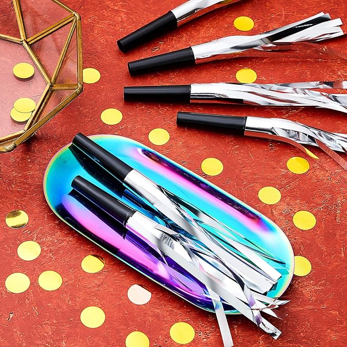 Skylety 24 Pcs Noise Makers Party Favors Silver Blowers Glitter Noise Makers for Sporting Events Fun Party Horns Metallic Fringed Blowers for Birthday Supplies