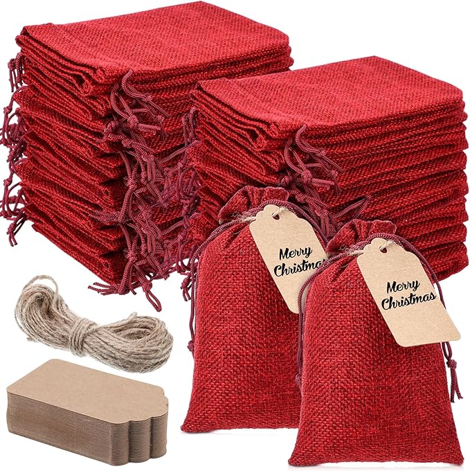 Burlap Gift Bags, 100 Red Drawstring Favor Bags with Kraft Tags and Hemp Rope