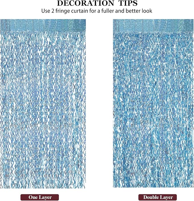 3 Pack 3.3 ft x 6.6 ft Tinsel Foil Fringe Curtain Blue - Foil Fringe Backdrop Wall Curtains for Baby Shower,Mermaid,Under The Sea,Ocean,Frozen Party Decorations