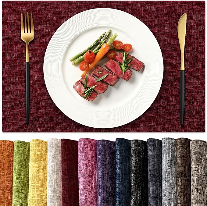 Place Mats Set of 8 in Red, Machine Washable Linen-Look, 12 x 18 Inch