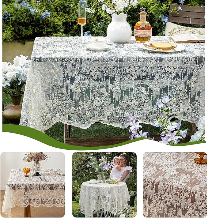 Lace Embroidered Tablecloth. Square Lace Vintage Tablecloth Dustproof Table Protector for Kitchen Dining Room Party Banquet Home Picnic Wedding Decoration (Creamy White 53×53 inch)