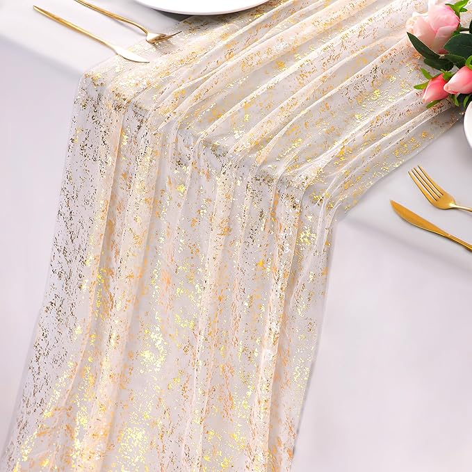 Snowkingdom 10 Pack 10ft Gold Table Runners, Sheer Chiffon Tulle Cheesecloth Sequin Glitter Metallic, Golden Centerpieces Table Decorations for Party Wedding Christmas Birthday Bridal Baby Shower