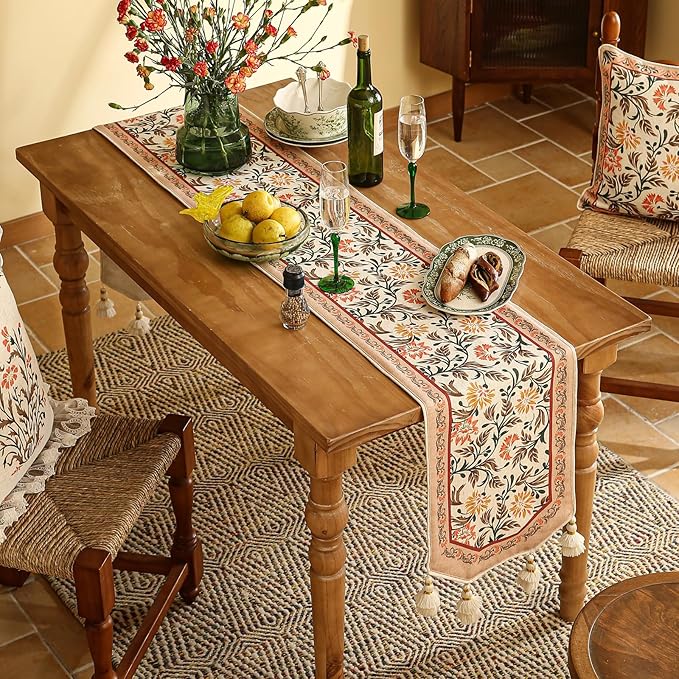 ISAENNE Designer French Elegant Linen Table Runner 102 Inches Long,Farmhouse Lily Pattern Decor Table Runners for Dining Tables,Thanksgiving,Kitchen Tables,Christmas,12"*102"-Aurora A