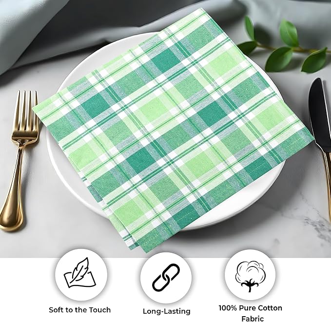 Cloth Napkins, 20x20 Inch Square 100% Cotton, Saint Patrick Plaid