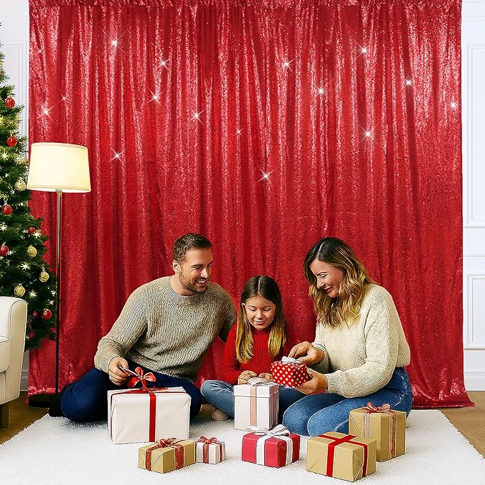 SquarePie Sequin Backdrop Curtain Less See Through Background for Wedding Christmas Party(10FT x 10FT, Red)
