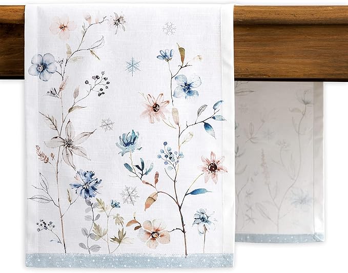 Maison d' Hermine Table Runner 100% Cotton Single Layer Table Runners 90 inches Long for Thanksgiving Christmas Decorations Home Kitchen Dining Party Wedding (Ice Florals, 14.5" x 90")