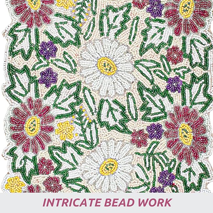 Luxury Beaded Table Runner - 13x36 Inches Handcrafted Spring Floral Design with Glass Beads & Polyester Back - Elegant Table Decor for Dining, Coffee Table & Events (Multi) - CLEENTABLE