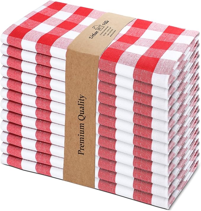 Cloth Dinner Napkins Set of 12, 100% Cotton, Red and White Checkered