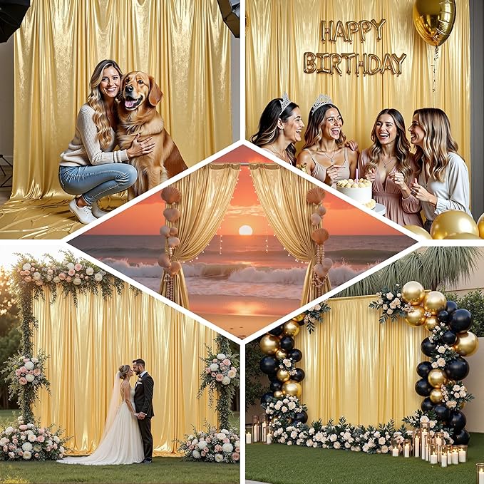Gold Sequin Backdrop Curtain, 10 Panels, 5x10 ft Wrinkle-Free Drape