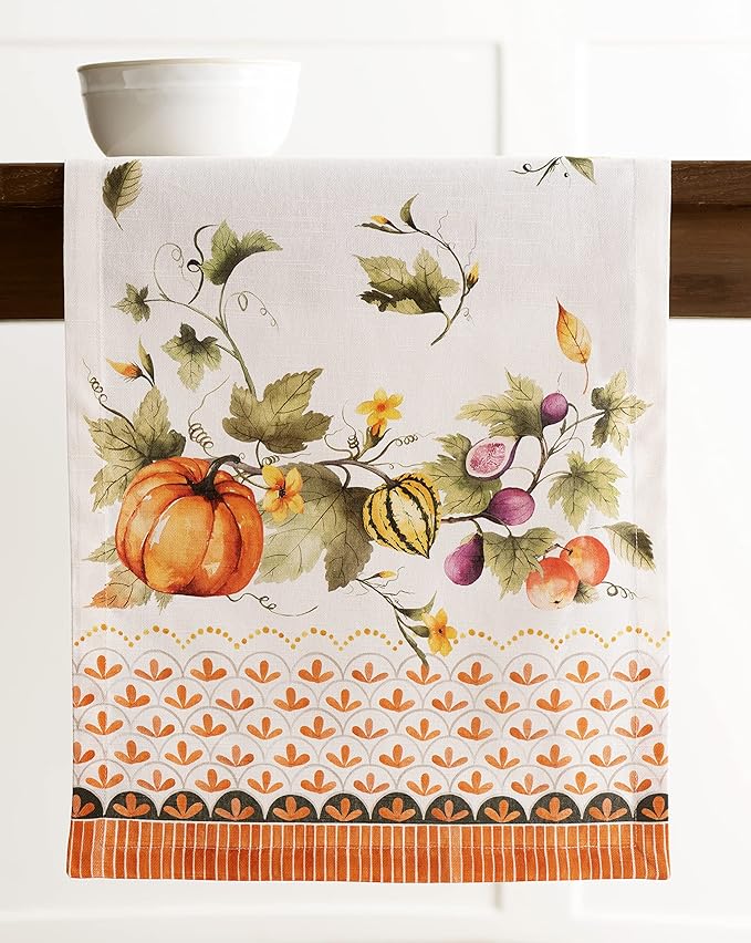 Maison d' Hermine Table Runner 100% Cotton Single Layer Table Runners 72 inches Long for Thanksgiving Christmas Decorations Home Kitchen Dining Wedding (Pumpkin Garden - Cloudy Cream, 14.5" x 72")