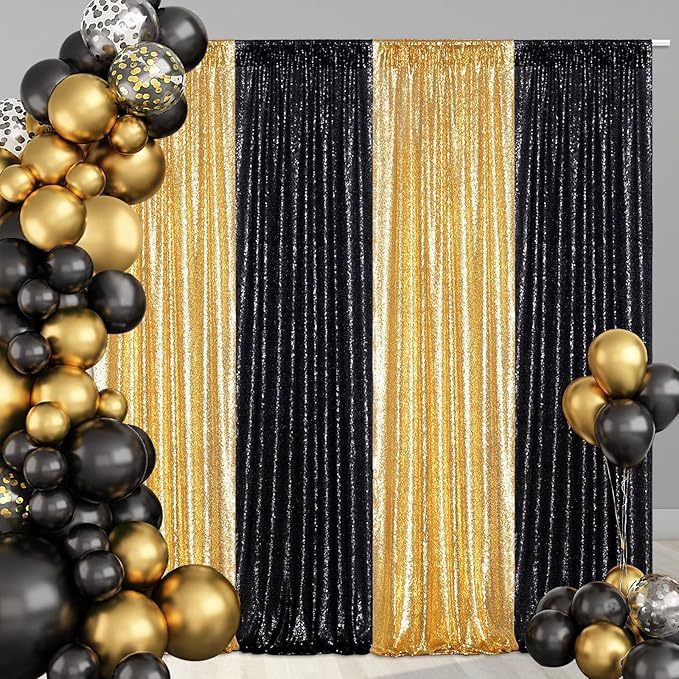 Poise3EHome Black Sequin Backdrop Curtains, 2 Panels 2FTx8FT Glitter Photo Booth Backdrop for Halloween Birthday Bachelorette Wednesday Twilight Party Decorations