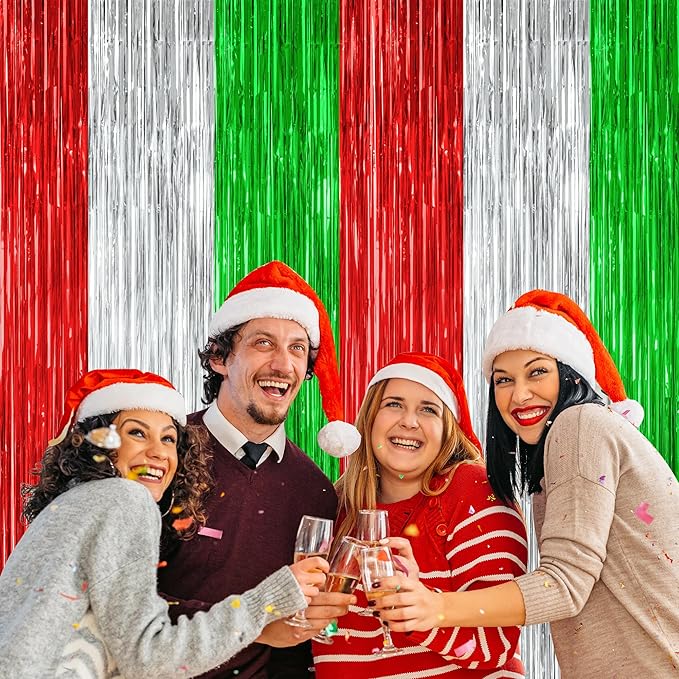 4 Pack Christmas Curtains, 3.28 FT x 7.05 FT Red Silver Green Foil Backdrop, Metallic Foil Fringe Curtains Party Streamer Picture Backdrop, Christmas Door Decorations Photo Props Party Supplies