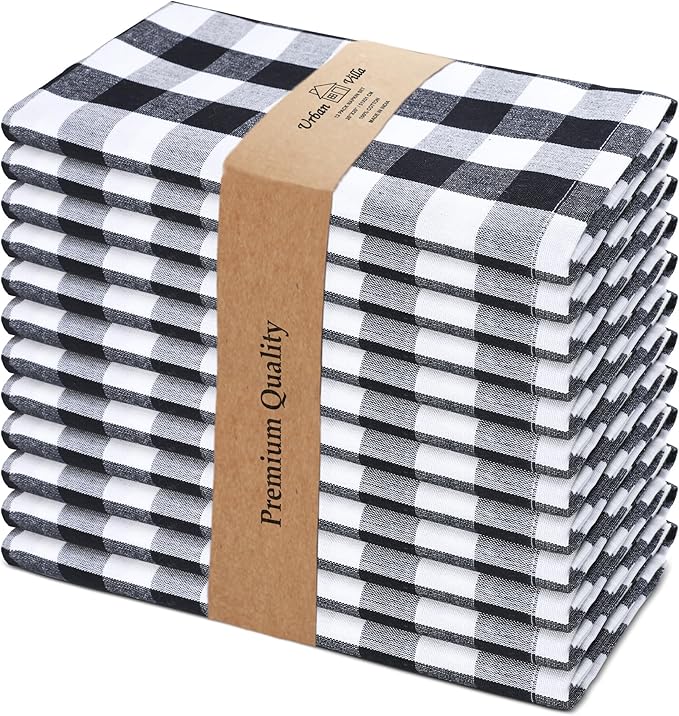 Cloth Napkins Set of 12, 20 x 20 Inch Black and White Checkered Cotton