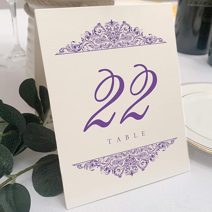 Table Number Cards 1-150 with Purple Paisley Design, 4.25 x 5.5 in