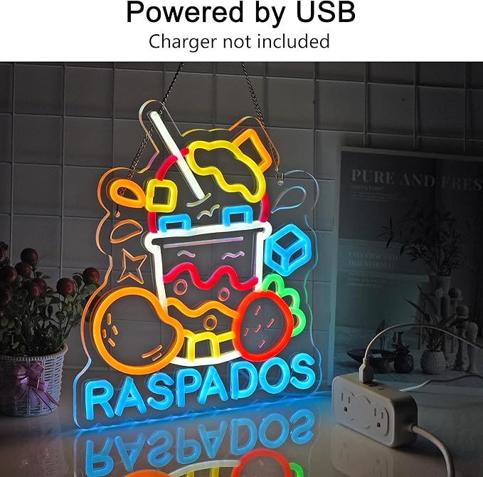 CNBEYOUNG Raspados Neon Sign, Neon Lights Hanging Wall Art Decoration for Mexican Restaurants Shop Bar Food Truck Kitchen Party Home Decor, USB - Driven, Super Bright & Adjustable,13.78x 12.6inches