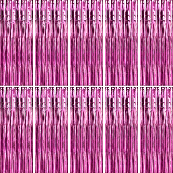 BTSD-home 10 Pack Pink Foil Fringe Curtain, Metallic Photo Booth Backdrop Tinsel Door Curtains for Wedding Birthday Bridal Shower Baby Shower Bachelorette Christmas Party Decorations(8ft x 3ft)