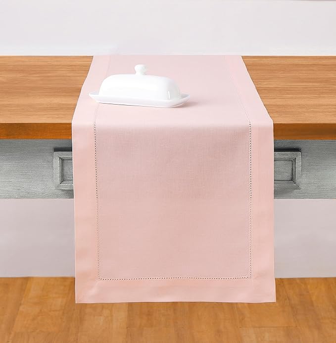 Solino Home Pink Table Runner 108 Inches Long - Cotton Linen Hemstitch 14 x 108 Inch Table Runner for Dining, Fall, Autumn, Thanksgiving, Christmas