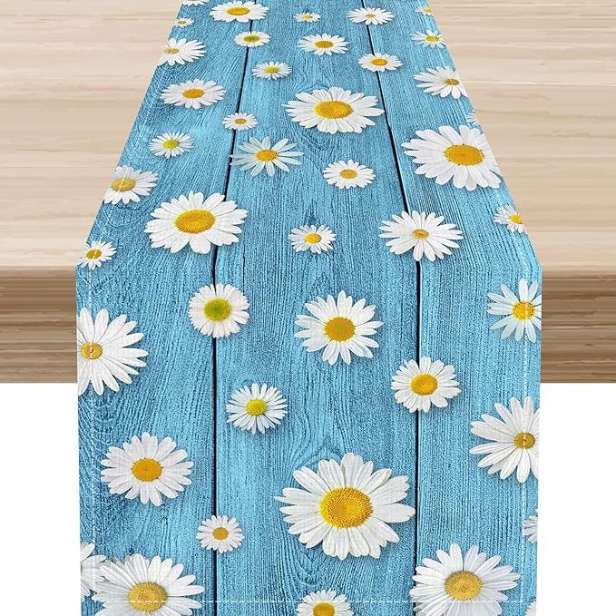 Spring Daisy Table Runner, Farmhouse Seasonal Summer Flower Retro Country Table Center Decor for Home Kitchen Dining Patio Holiday Party Indoor Outdoor Table Decorations, 13"x90" Inch