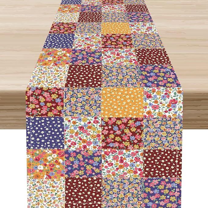 Patchwork Table Runner, Boho Vintage Floral Checkered Plaid Bohemian Paisley Flower Farmhouse Table Center Decor for Home Kitchen Dining Patio Holiday Party Indoor Table Decorations, 13"x90" Inch