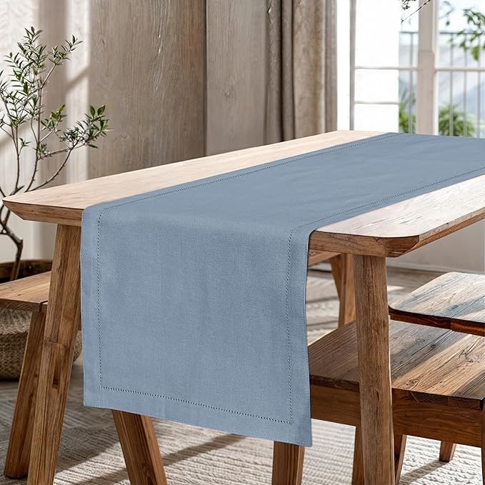 Ruvanti Linen Table Runner 90 Inches, Classic Hemstitch, Washable, Reusable, Non-Slipping, Stain Resistant- Perfect for Parties, Weddings, Dinners, Thanksgiving, Christmas, Indoor use – Grey