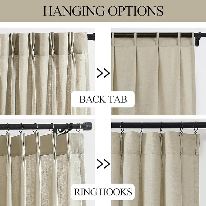 Vision Home Sand Pinch Pleated Semi Sheer Curtains Textured Linen Blended Light Filtering Window Curtains 63 inch for Living Room Bedroom Pinch Pleat Drapes with Hooks 2 Panels 40" Wx63 L,Camel Beige