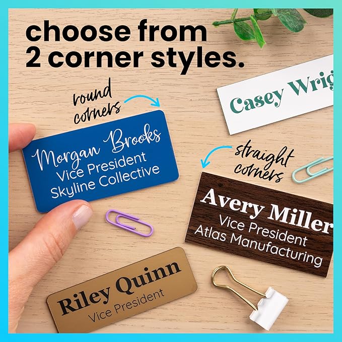 ExcelMark Custom Name Tag - Engraved Name Badge with Pin or Magnetic Backing, 16 Colors, 6 Fonts, and 2 Sizes to Choose from (White w/Blue Letters, 1"x 3")