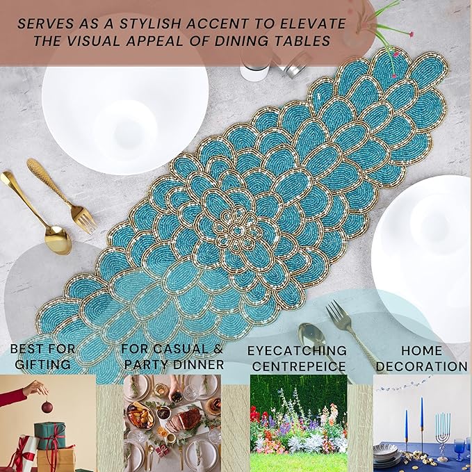 Beaded Table Runner 13 x 36 Inches - Handmade Decorative Dining Table Centerpiece with Glass Beads & Polyester Back, Elegant Runner for Weddings, Parties & Holiday Décor (Blue & Gold) - CLEENTABLE