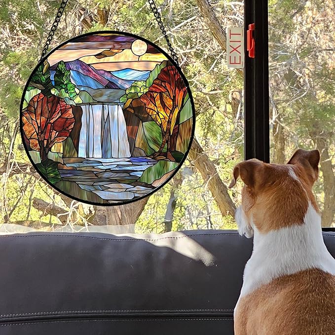 Stained Glass Window Hanging, Abstract Landscape Waterfall Mountains Trees Suncatcher for Doors Window Home Sun Catchers Decor Mother's Day Birthday Gifts for Women Men Mom 6.3 in
