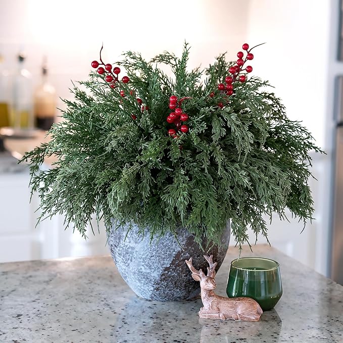 Artificial Norfolk Pine Branches Set, 12 Cedar Stems and 3 Red Berry Stems