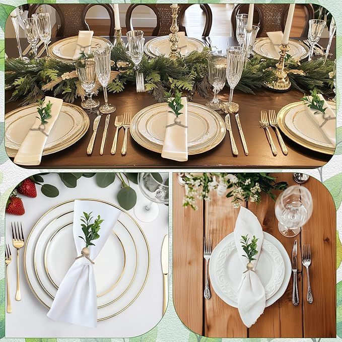 MAOANME Napkin Rings Set of 12, Rustic Eucalyptus Napkin Holder Rings with Wood Bead, Farmhouse Green Leaf Napkin Ring Bulk, Boho Napkin Ring for Wedding, Table Decor