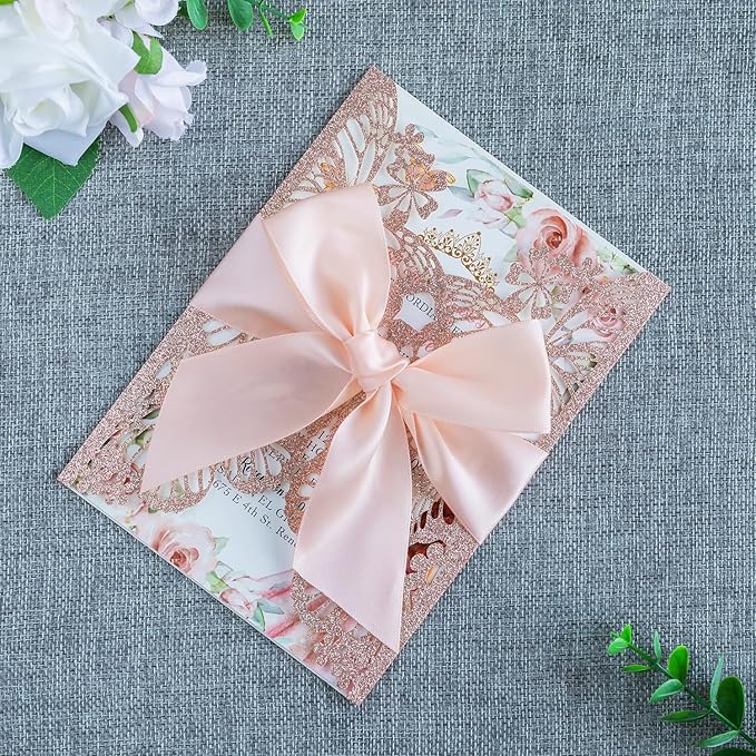 20 PCS 5.12x7.2 Butterfly Quinceanera Invitation, Laser Cut Wedding Invitation Cards with Envelopes for XV Anos Bridal Shower Baby Shower Invite (Rose Gold Glitter)