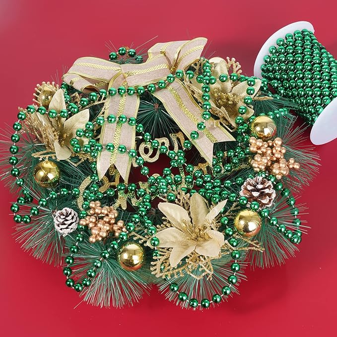Faux Pearl Bead Garland - 10mm Christmas Tree Beads 11 Yards Green Pearl Strands Spool Roll for Wedding Party Christmas Tree Decoration