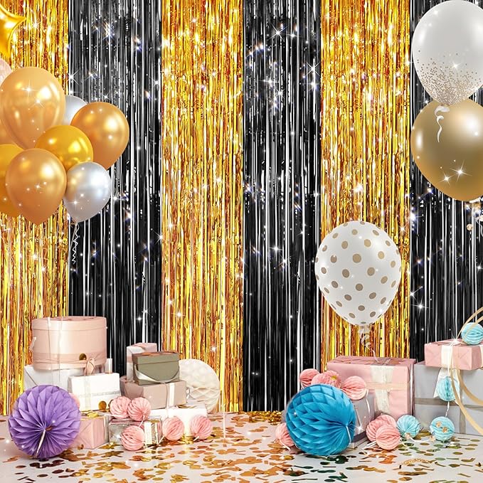 2Pack Black Gold Metallic Tinsel Foil Fringe Curtains, Door Streamers Photo Booth Backdrop for Birthday Party, Tinsel Curtain Backdrop for Wedding Baby Shower Bachelorette Christmas Party Decorations