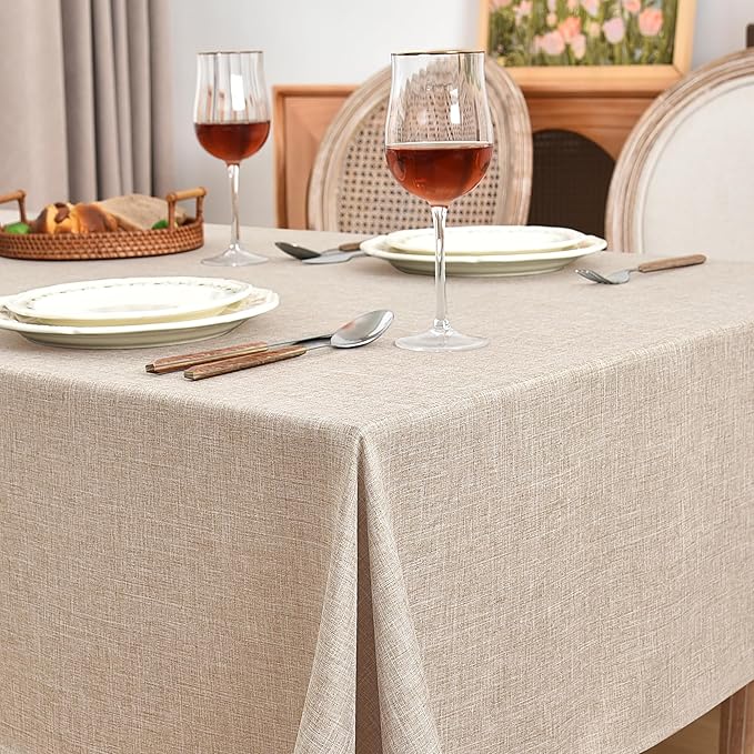 Fitable Faux Linen Beige Table Clothes Rectangle 60 x 102 Inch - 2 Pack Neutral Tablecloths for 6 Foot Tables, Faux Burlap Kitchen Table Covers for Dining, Party, Farmhouse, Banquet, Buffet