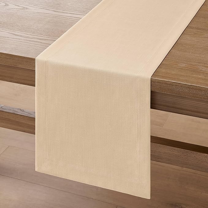 ZeeMart Linen Textured Border Table Runner, 14 x 90 Inch Oatmeal, Farmhouse Style Beige Table Runners 90 Inches Long, Easy Care Everyday Polyester Table Runner