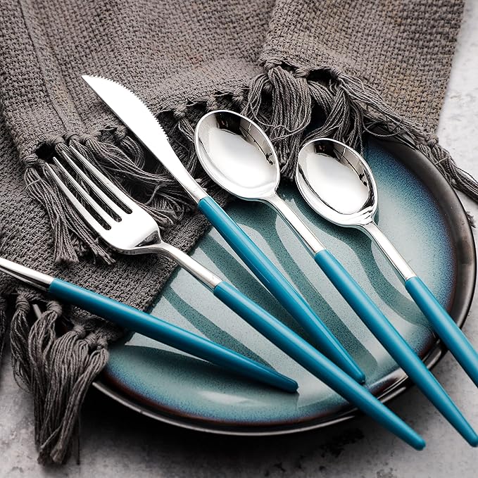 WELLIFE 144Pcs Blue Plastic Silverware, Heavy Duty Plastic Flatware with Blue Handle, Includes 48 Forks,48 Knives,48 Spoons for Party