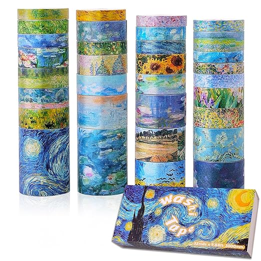 emmoolife 32 Rolls Washi Tape Set, Oil Painting Decorative Masking Tape, Van Gogh Adhesive Tape for Bullet Journal, DIY Crafts Gift, Party Decorations, Junk Journal, School Supplies