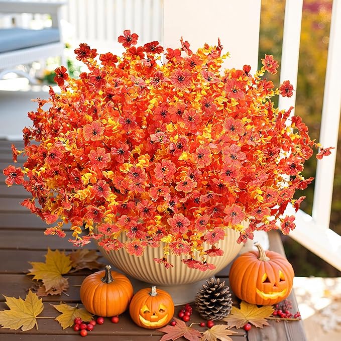 HyeFlora Artificial Fall Flowers Faux Mums for Outdoor Indoor Garden Home Decoration, Faux Flower Daisy with Eucalyptus Leaves Fake Plants Greenery Boxwood Porch Patio, 12 Bundles (Sunset)