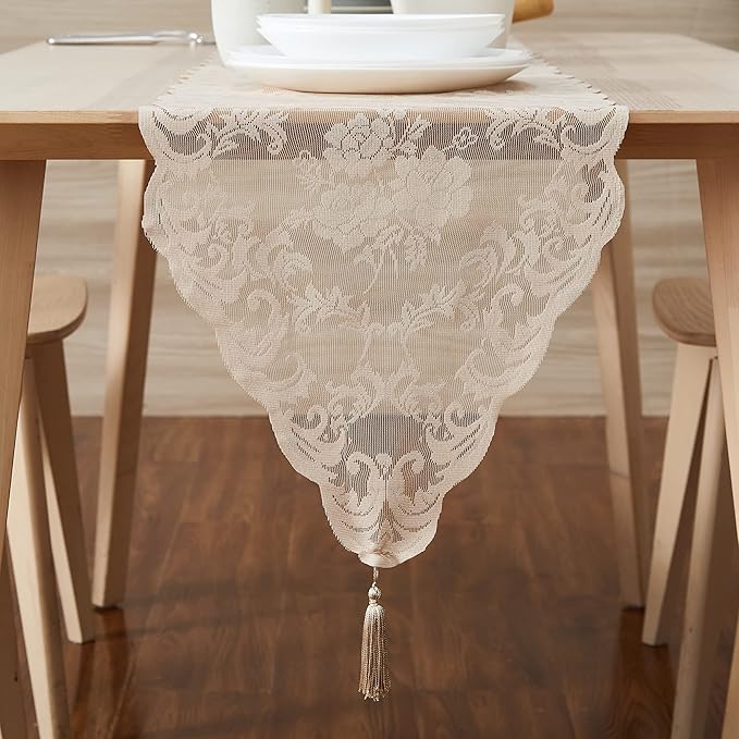 LinenZone Linen Table Runner with 2 Tassels for Rustic Vintage Decor. Lace Table Runner Works Great As Wedding, Thanksgiving, Christmas Decor (Mia 14 x 36, Linen)