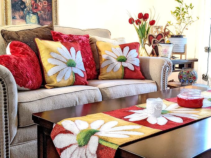 Tache Home Fashion DB9046TR-13X48 Colorful Red & Yellow Daisy Flower Loves Me Not Tapestry Table Runner 48 Inch