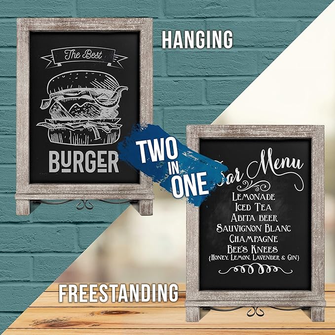 HBCY Creations Rustic Weathered Wooden Tabletop Chalkboard with Legs/Vintage Wedding Table Sign/Small Kitchen Countertop Memo Board/Antique Wooden Frame (12" x 17", 3- Weathered)