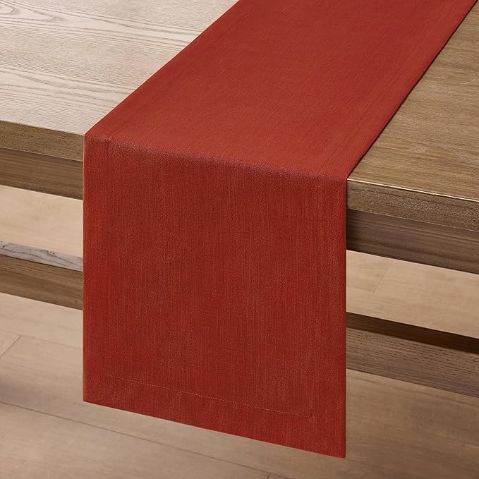 ZeeMart Linen Textured Border Table Runner, 14 x 48 Inch Orange, Farmhouse Style Burnt Orange Fall Table Runners 48 Inches Long, Easy Care Everyday Polyester Table Runner