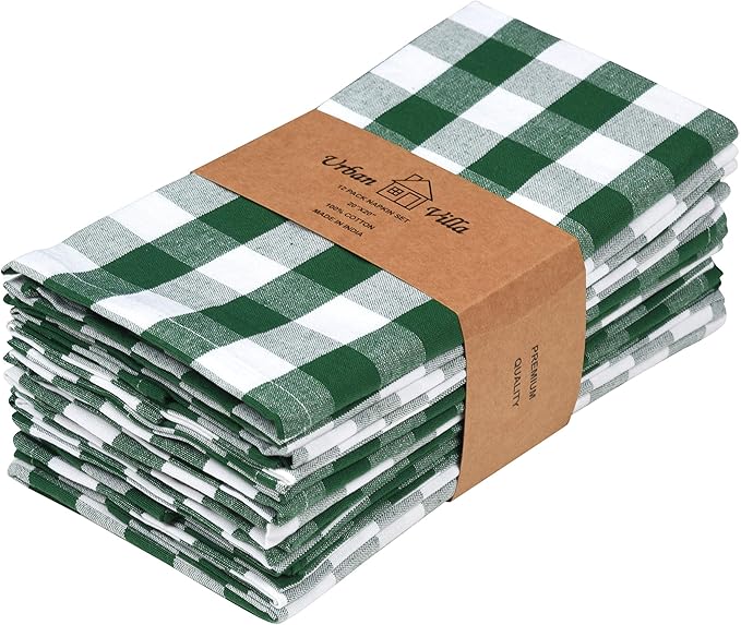 Cloth Dinner Napkins, Square 100% Cotton in Hunter and White Checkered