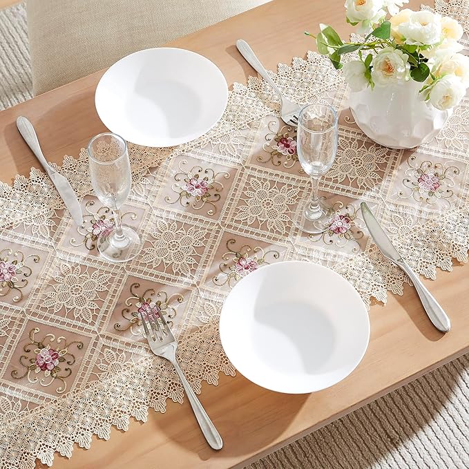 WARM HOME DESIGNS Gold Lace Table Runner. 36 Inch Small Table Runner is Embroidered with Intricate Flower Design. VTR Linen 36