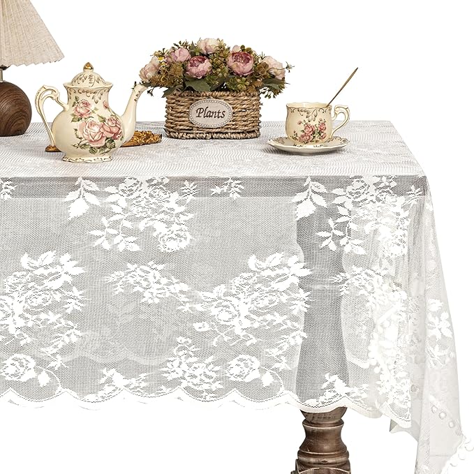 Jayla White Lace Tablecloth for Rectangular Tables, Vintage Style Wedding Table Cloths for Reception, Baby Shower, Birthday Party, Formal Dining, Dinner Parties 60 X 120 Inches