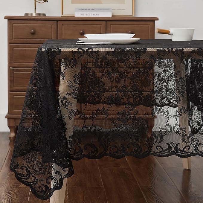 LinenZone Black Rectangle Tablecloth for Rustic Vintage Decor. Sheer Lace Table Cloth Works Great As Wedding Tablecloth or Thanksgiving Table Cover. (Mia TC 60 x 120, Black)