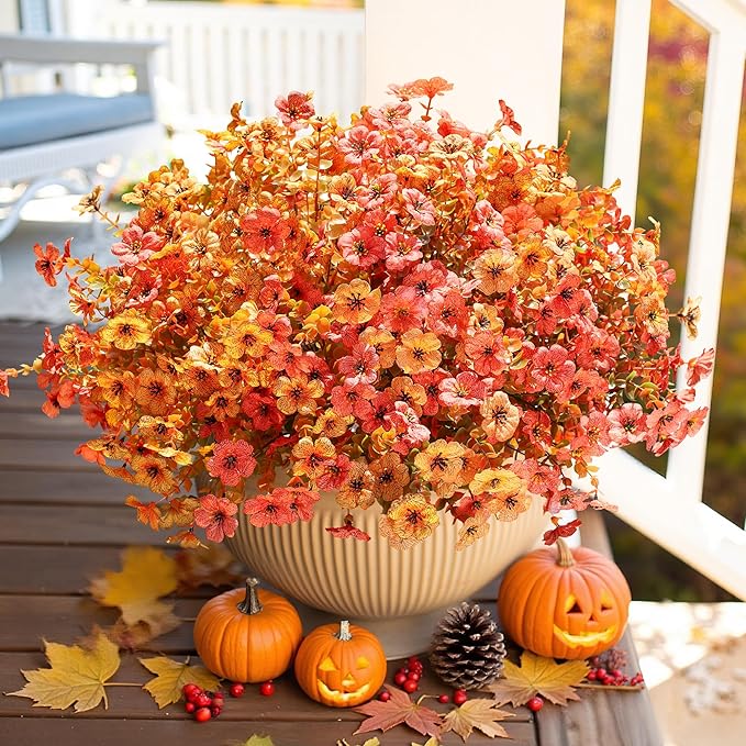 HyeFlora Artificial Fall Flowers Faux Mums for Outdoor Indoor Garden Home Decoration, Faux Flower Daisy with Eucalyptus Leaves Fake Mums Plants Greenery Boxwood Porch Patio, 12 Bundles