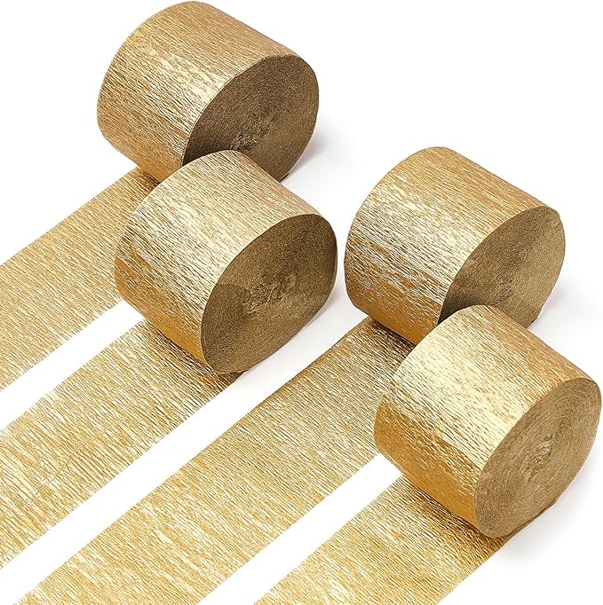 PartyWoo Gold Crepe Paper Streamers 4pcs 328ft Pack of Gold Crepe Paper for Wedding Birthday Baby Shower Engagement Anniversary New Year Eve Graduation Party Decorations(1.8 Inchx82 Ft/Roll)